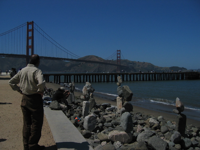Dad admiring the work of the zen rock sculptor at Crissy Field